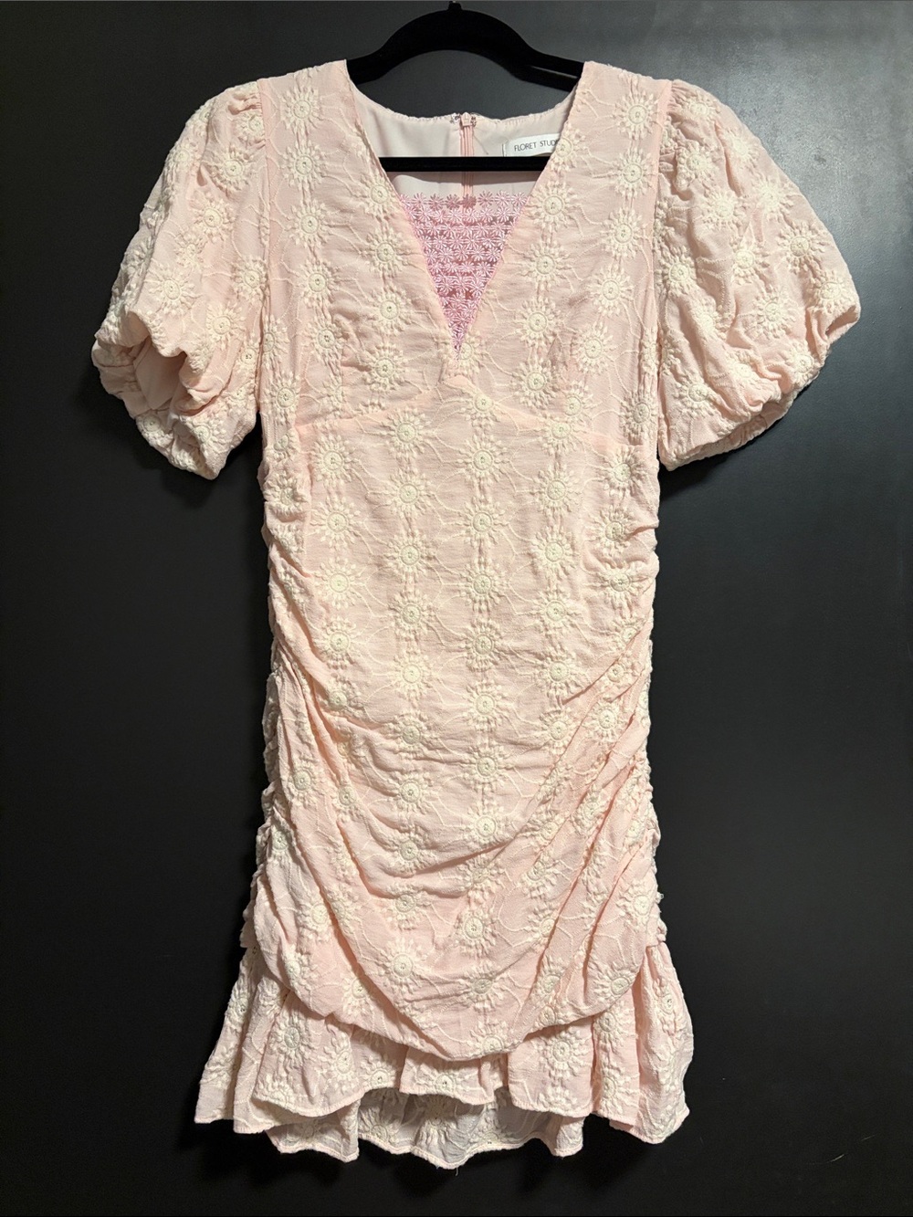 Light Pink Embroidered Mini Dress - Short Puff Sleeve